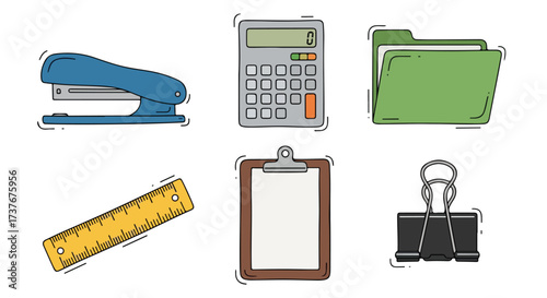 Office Supplies Collection Stapler Calculator Folder Ruler Clipboard Binder Clip Flat Design Icons for Business and Education