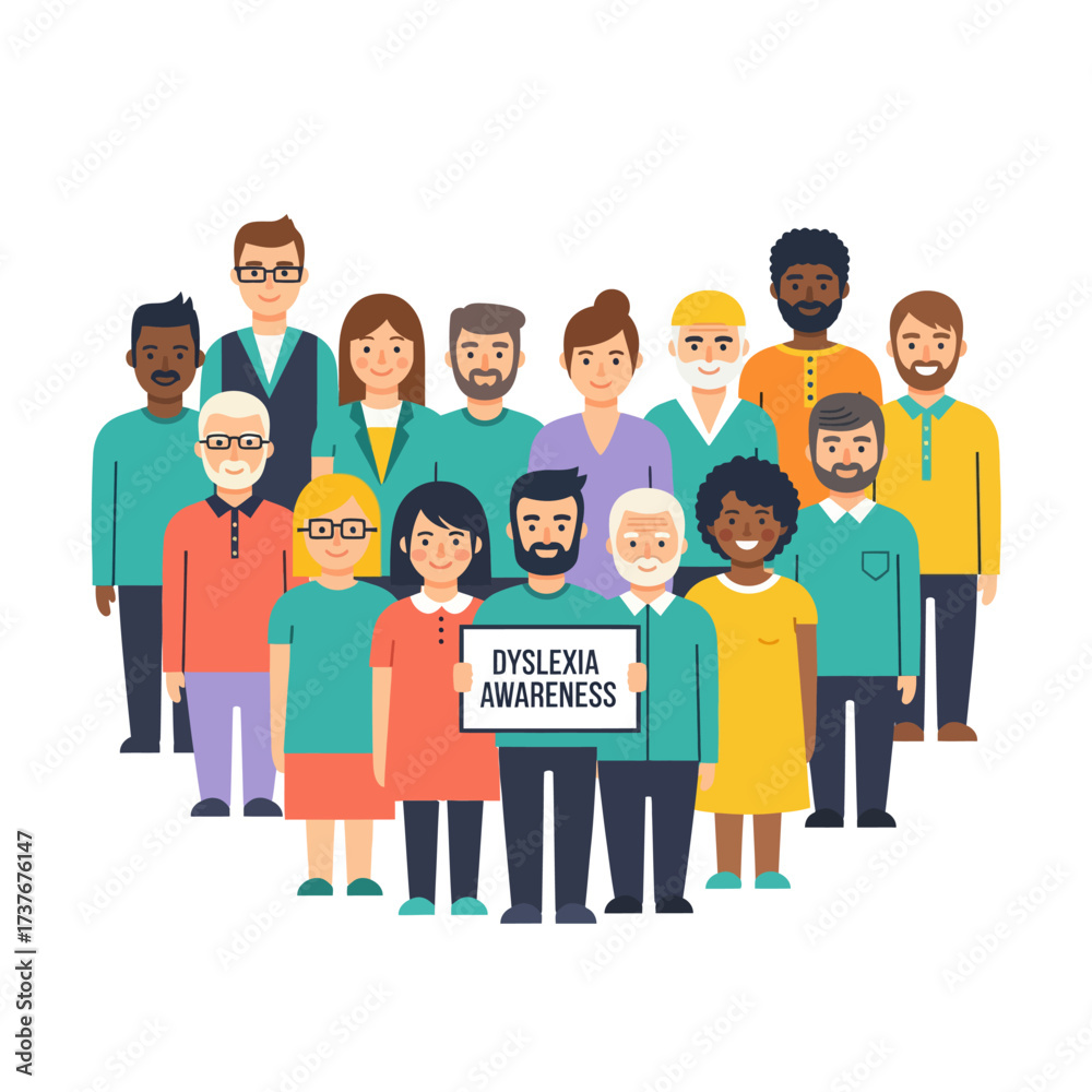 Obraz premium Diverse group raising dyslexia awareness together, promoting inclusive education and support in the community for learning differences and cognitive diversity