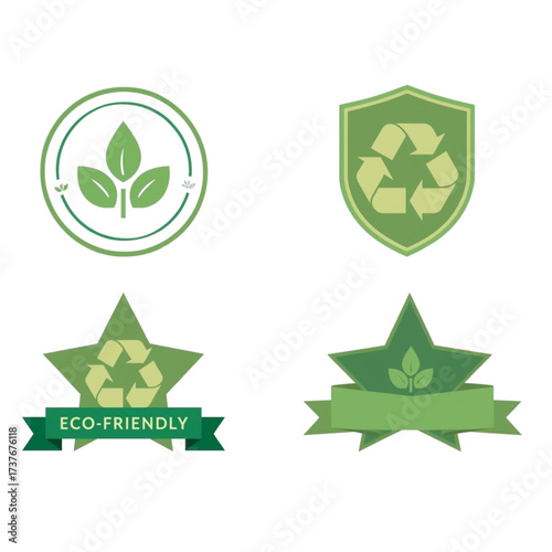 Green ecofriendly and recycling symbol badges and icons