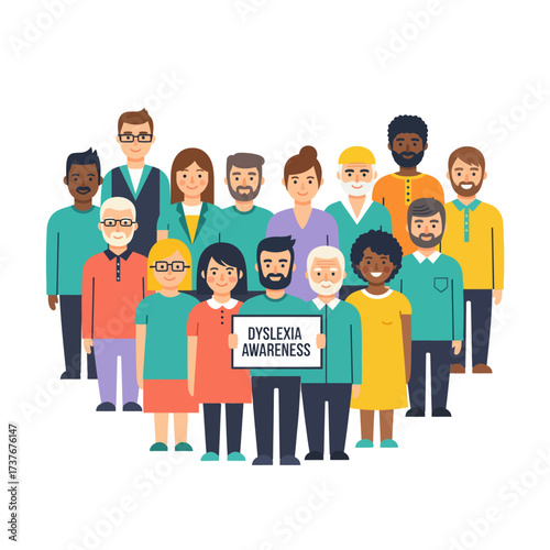 Diverse group raising dyslexia awareness together, promoting inclusive education and support in the community for learning differences and cognitive diversity
