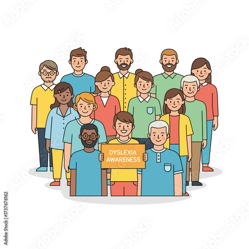 Diverse community uniting for dyslexia awareness, showing support and solidarity to promote understanding and inclusion for all learning abilities