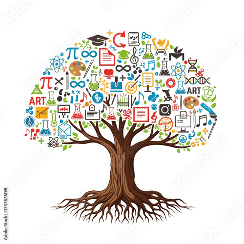 Vibrant knowledge tree with art, science, and education icons celebrating learning, growth, and creative thinking for innovative educational concepts