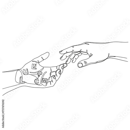 Reach out for support and connection with minimalist art, a single line drawing of hands touching, perfect for mental health campaigns and wellness resources