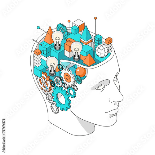 Unlock innovative thinking with this creative mind concept bursting with lightbulbs, gears, and geometric shapes for modern solutions and fresh ideas