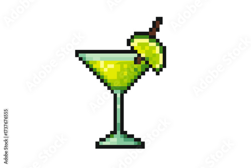 Vibrant pixel art cocktail in a classic martini glass with a fresh lime garnish