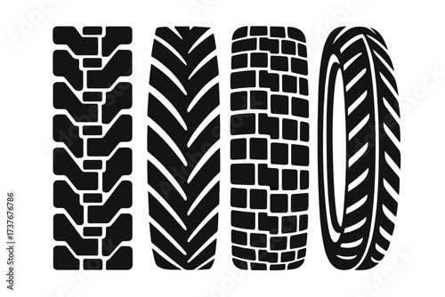 Collection of diverse tire tread patterns for various vehicles and terrains