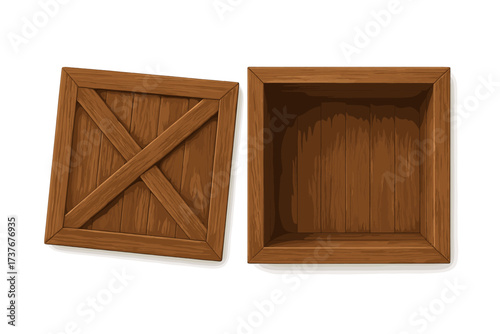 Empty open wooden shipping crate with lid on white background for packaging and delivery