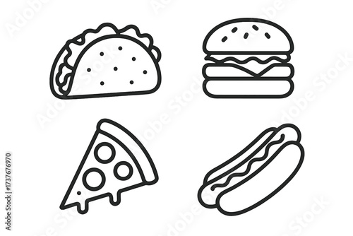Collection of popular fast food items including taco, burger, pizza, and hot dog icons