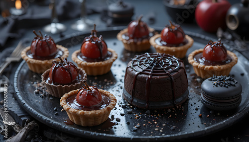 Delicious halloween themed dessert tarts and cakes on a dark decorative platter