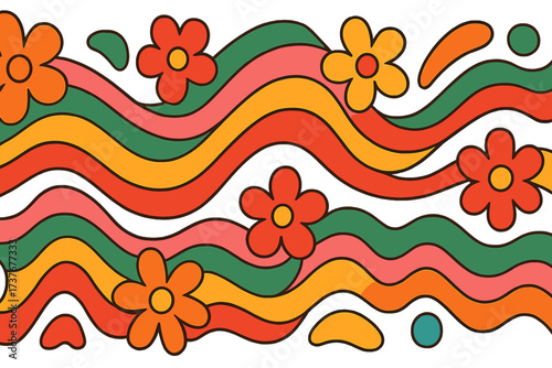 Colorful abstract pattern with groovy flowers and dynamic wavy stripes