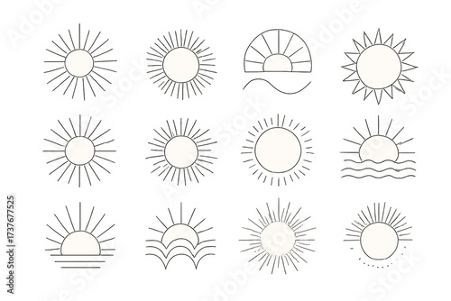 Minimalist sun and sunrise symbols in a clean and simple graphic design