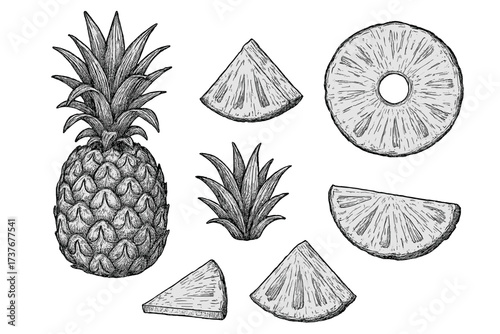 Tropical pineapple fruit with cut slices and separate crown in hand drawn style