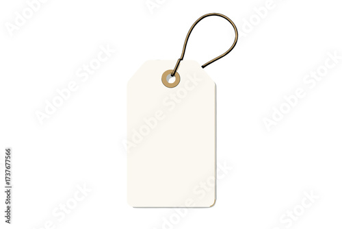 Clean white blank tag with string and golden eyelet for product identification or pricing
