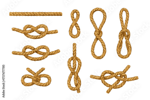 Various nautical rope knots and straight rope segment on white background