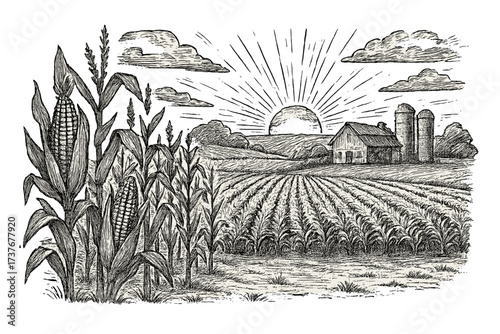 Rural farm landscape with cornfield, barn, silos, and sun rising over rolling hills