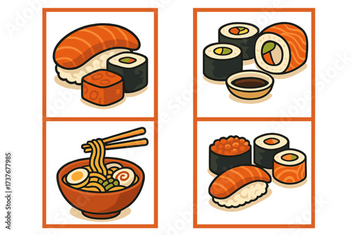 Assortment of traditional Japanese sushi, maki, nigiri, and ramen noodle soup dishes
