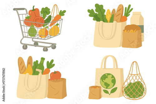 Sustainable grocery shopping with fresh produce, reusable bags, and a full shopping cart