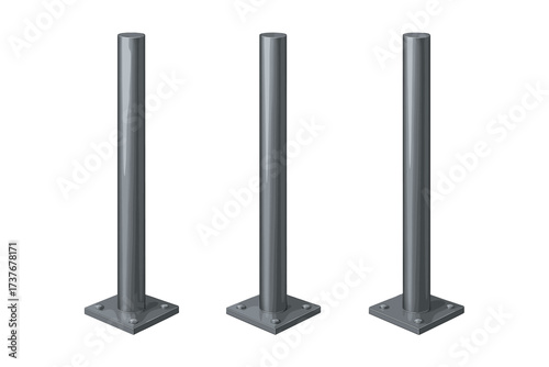 Three grey metal posts with square bolted bases for construction or urban design