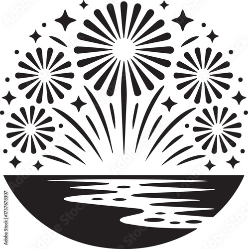 Celebratory new year fireworks display over water silhouette design for festive occasions