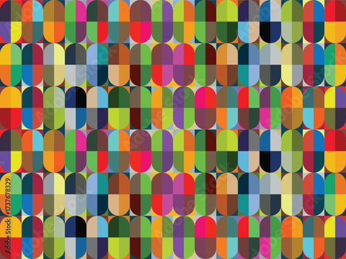 Colorful repeating geometric pattern with rounded rectangles and contrasting colors, creating a vibrant and eye-catching abstract surface design