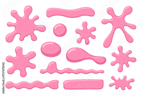 Collection of various pink liquid splashes, drips, and abstract shapes with glossy texture