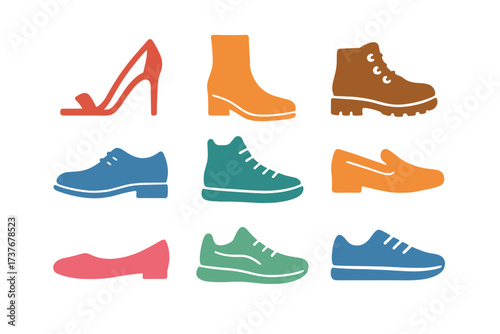 Collection of various footwear types including heels, boots, sneakers, and flats