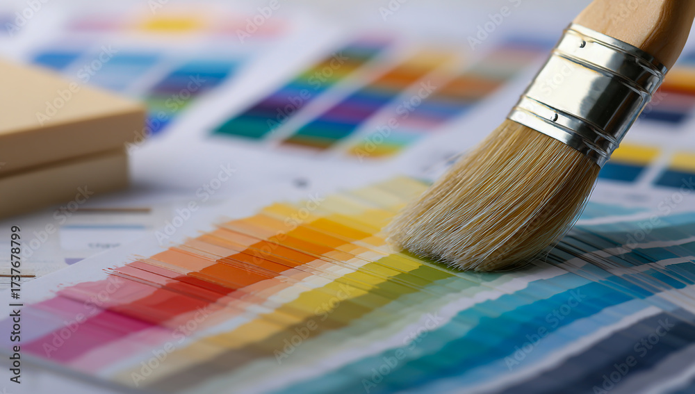 Fototapeta premium Artist s paintbrush touching a colorful paint swatch palette for creative inspiration