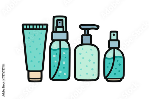 Collection of cosmetic and hygiene product bottles for personal care routine