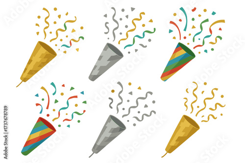 Festive party poppers with exploding confetti and streamers in various colors