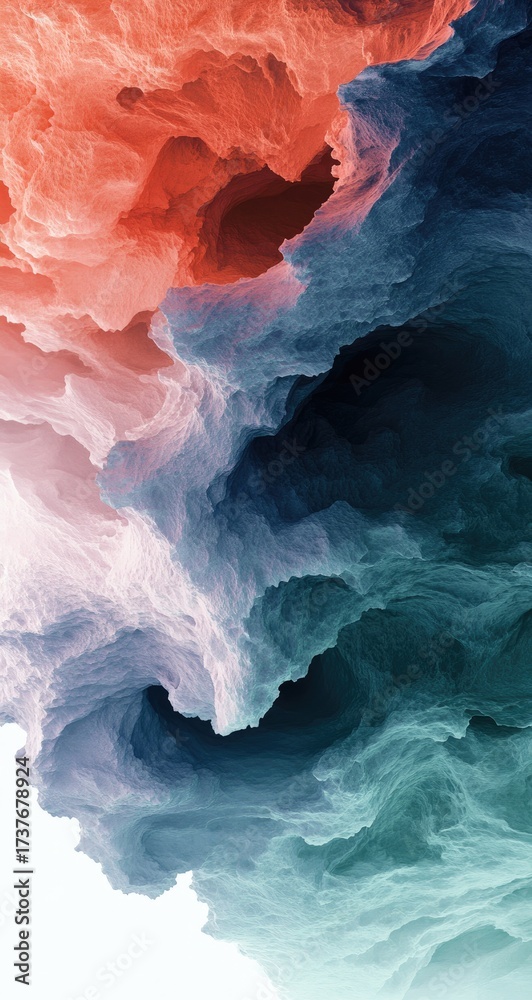 Fototapeta premium Abstract swirling textures, coral, navy, teal, and white