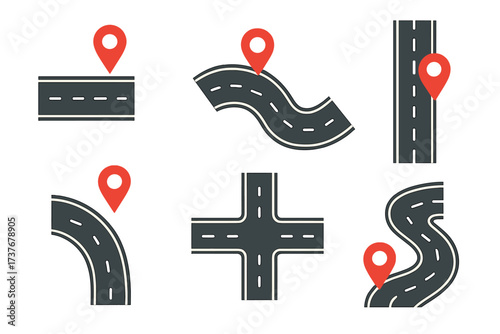 Road segments and map pins for navigation and location concepts, representing travel routes