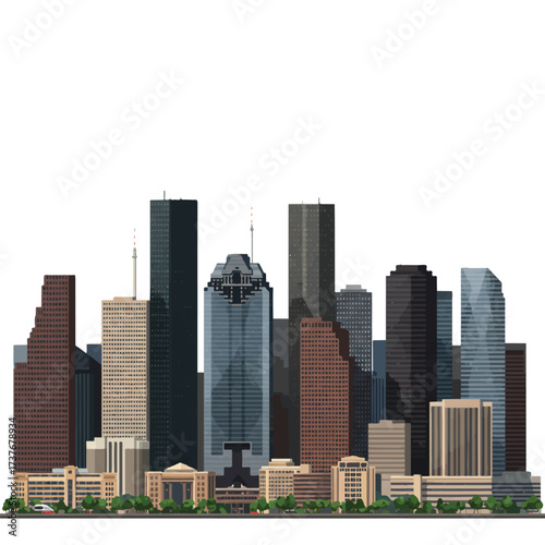 A realistic vector illustration captures the modern Houston city skyline with its iconic skyscrapers rising majestically against a clean, plain white background.