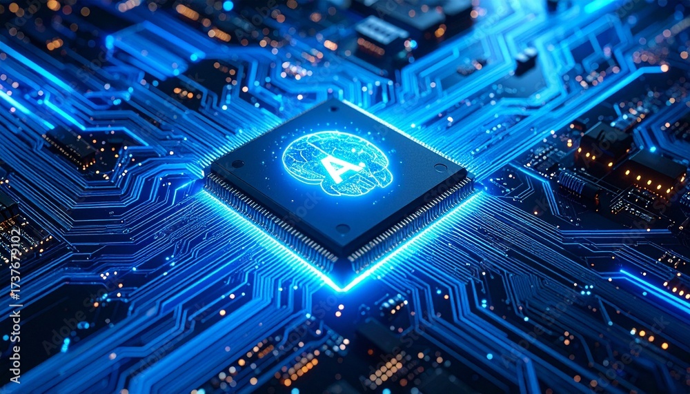 Fototapeta premium AI Brain Chip on Circuit Board Illuminated Core of Intelligent Hardware Systems