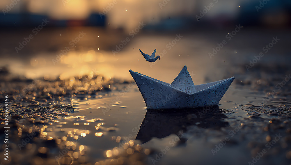 Obraz premium Tiny paper boat floats on a puddle with a butterfly flying above in warm sunset light