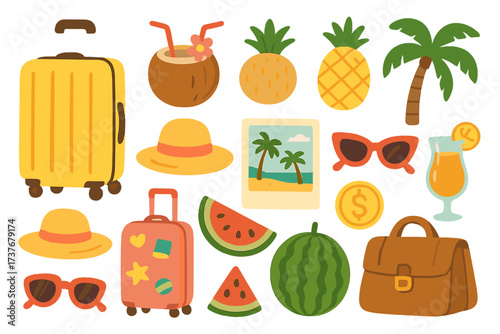 Summer travel and vacation essentials with tropical fruits and accessories