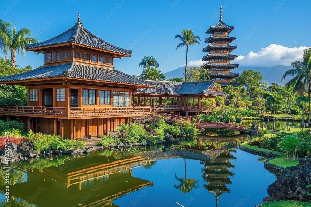 Fototapeta premium Japanese temple complex with pond and pagoda