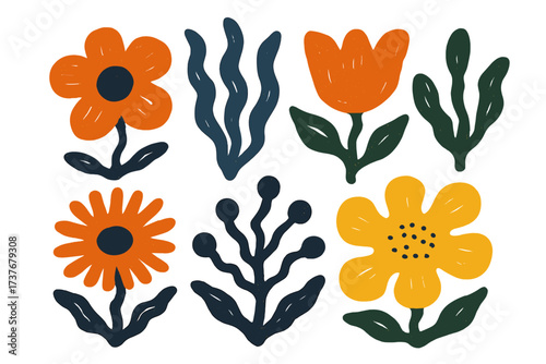 Abstract floral elements with textured petals and leaves in a modern design style