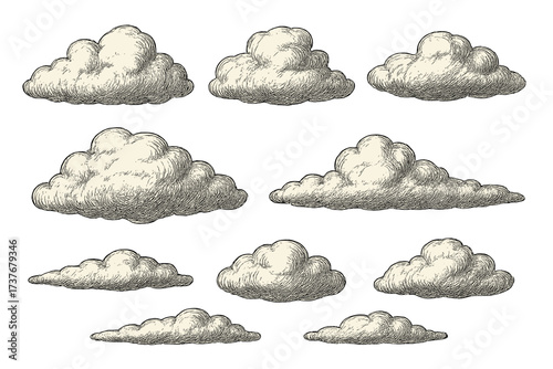 Set of vintage engraved clouds in various shapes and sizes for weather and sky designs