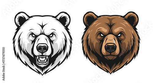 Two fierce bear heads one white one brown showing their teeth.