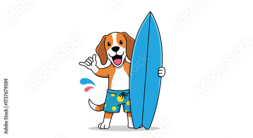 Happy beagle dog in swim trunks holding a surfboard ready for a surfing adventure.