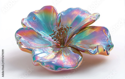 Opalescent Flower with Intricate Details and Iridescent Colors on White Background a Decorative Floral Piece