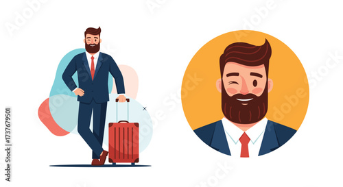 Professional businessman dressed in a suit with a suitcase and a close up portrait of the man winking.