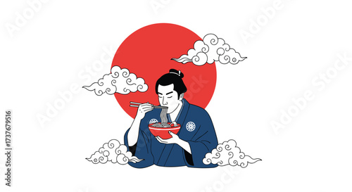 Sumo wrestler enjoying a delicious bowl of ramen under a rising sun and clouds.