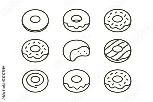 Collection of outline donut icons with various toppings and a bitten pastry