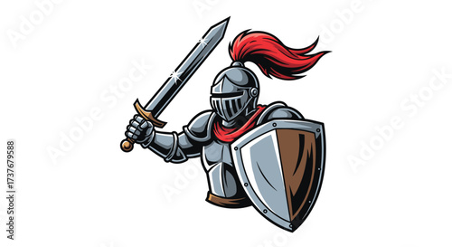 Illustrative depiction of a medieval knight in shining armor wielding a sword and shield in a dynamic pose.