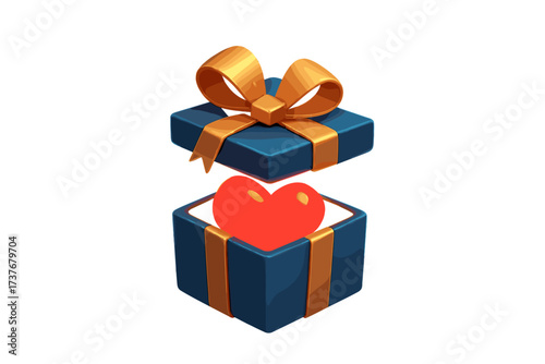 Open blue gift box with golden ribbon revealing a glowing red heart inside