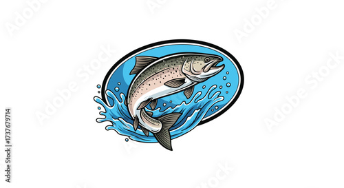 A detailed illustration of a leaping trout in a blue oval surrounded by water splashes.