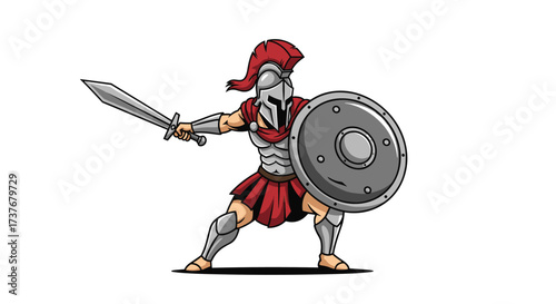 A fierce ancient warrior in full armor wielding a sword and shield ready for battle.