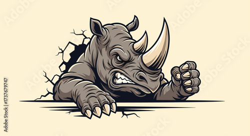 An angry rhinoceros breaks through a wall with determined intensity.