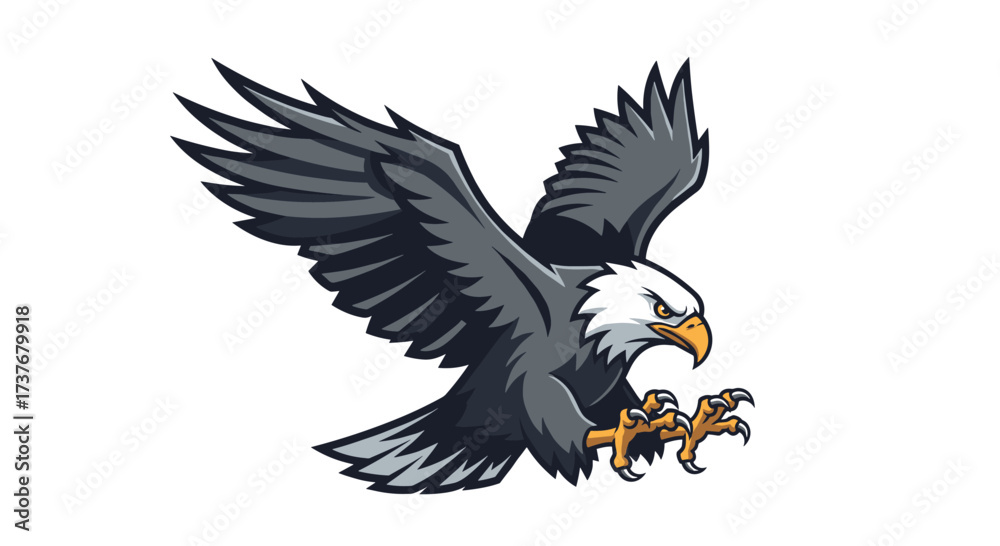 Obraz premium Majestic bald eagle in mid-flight with sharp talons extended.